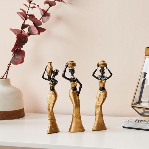 African Tribal Women Art Piece - Resin (Set of 3, Multicolour)